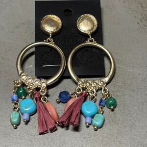 Chico's Pink Blue Tassel Gold Drop Earrings Statement Boho Chic Dangle Colorful